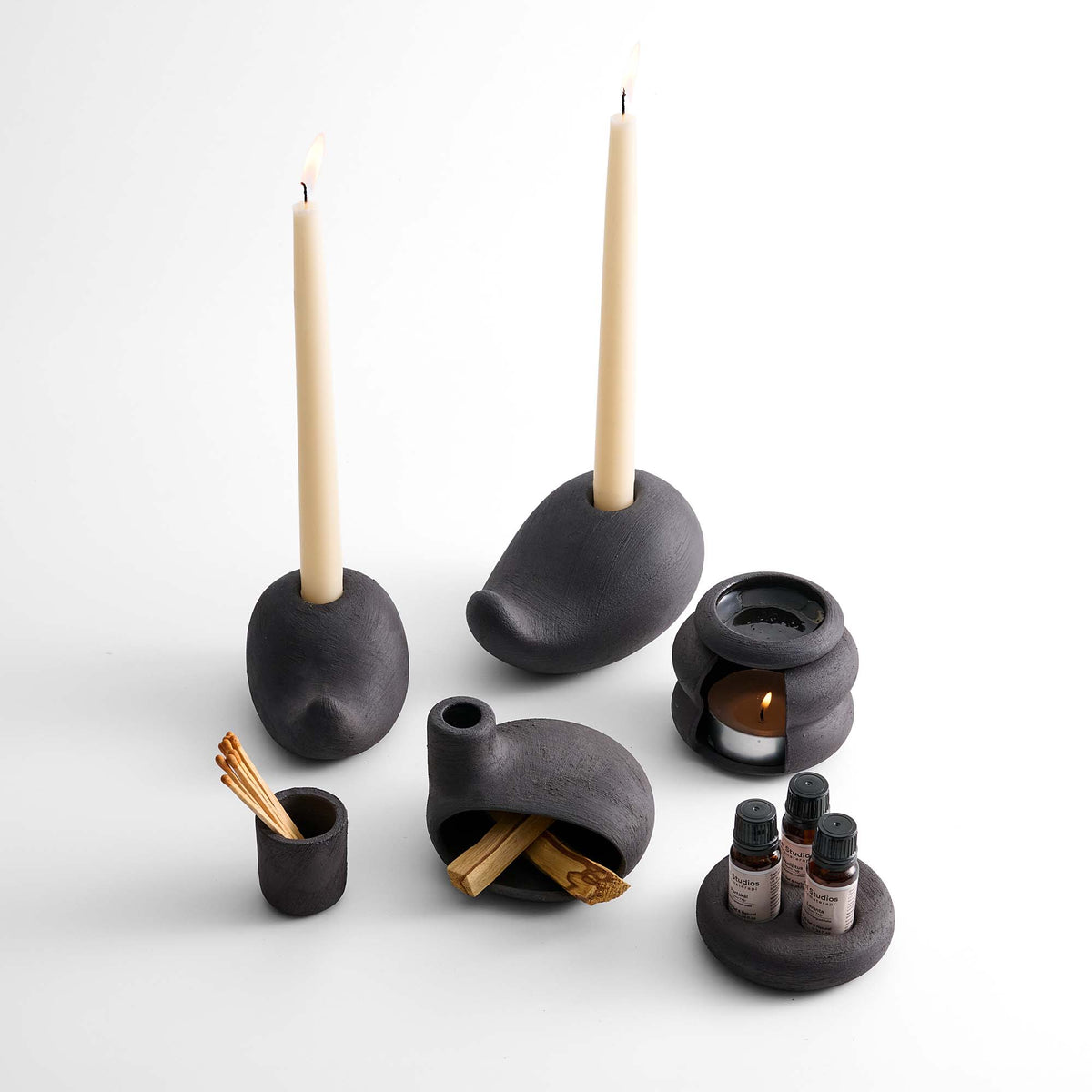 Black Ceramic Candle Holder, Incense Burner & Essential Oil Warmer Set