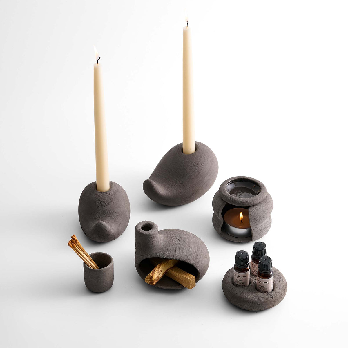 Anthracite Ceramic Candle Holder, Incense Burner & Essential Oil Warmer Set