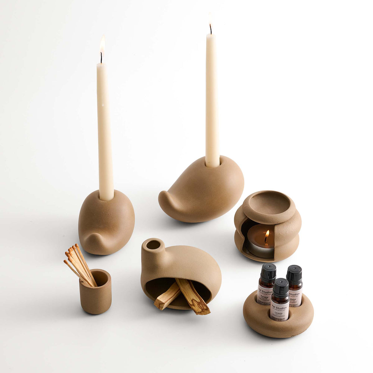 Mink Ceramic Candle Holder, Incense Burner & Essential Oil Warmer Set